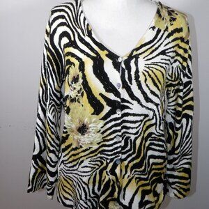 PIERRI NEW YORK Sweater Women's XL Black Floral Beaded Sequin Animal Print Top